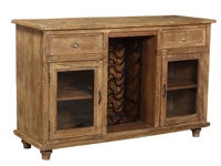 Meuble bar rustique en bois de style farmhouse avec rangement pour vin et portes vitrées, écologique, pour usage commercial ou bar à domicile