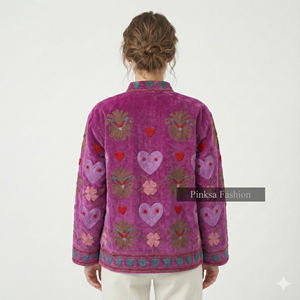 Vintage Ethnic Style Women's <b>Velvet</b> Knitted Cotton Varsity Jacket Hand Embroidered Floral Heart Pattern <b>Quilted</b> Eco-Friendly - Product Image 4