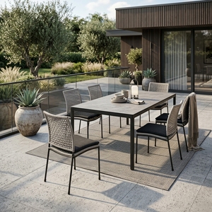 <b>White</b> Woven Modern Metal Outdoor Dining <b>Chair</b> Iron Pipe Frame Synthetic Ropes Fabric Cushion Setup - Product Image 2