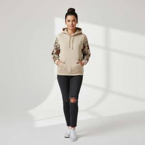 Sudadera con Capucha de Felpa de Algodón de Alta Calidad OEM para Mujer, Estilo Urbano, Color Beige, Diseño de Tatuaje en las Mangas Delanteras, Etiqueta Privada Personalizada de Fábrica - Product Image 3