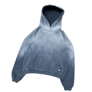 Wholesale Distressed Heavyweight 480 500gsm French Terry Double Layer Stone Washed Pullover Cropped Sun Faded Hoodie for Men's - Product Image 1