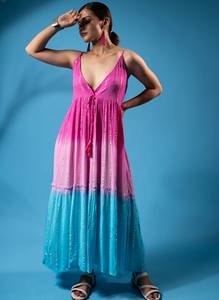 ชุดเดรสผ้าเรยอนมัดย้อมสไตล์โบฮีเมียนสำหรับผู้หญิงชุดปาร์ตี้ชายหาดคอวีลึกแต่งพู่และมีสายรัดปรับระดับได้ - Product Image 2