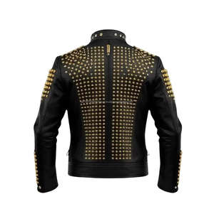 Chaquetas de Cuero Genuino Negro Hechas a Mano para Hombre, Chaqueta Estilo Rockero Punk con Tachuelas Doradas para Hombre, Ropa Urbana - Product Image 4