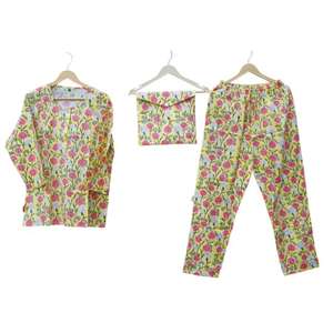 Pijama de Algodón de Lujo para Mujer, Estampado Floral Digital Indio, Manga Larga, Cierre con Cordón, Cintura Alta - Product Image 1