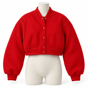 <b>Red</b> <b>Wool</b> Varsity Jacket Women Stand Collar Cropped Bomber Jacket Long Sleeve Winter Outerwear - Product Image 5