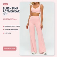 Ensemble de vêtements de yoga pour femmes personnalisé en bleu marine, vert sauge et rose, comprenant une brassière de sport, un débardeur, un short, un legging et un pantalon évasé, tenue de fitness coordonnée