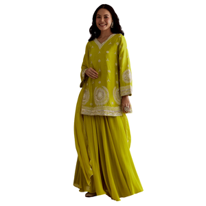 Vente en gros de vêtements ethniques pour femmes OEM fournisseur de vêtements vert citron court Kurta Palazzo costume avec Moti embelli Dupatta - Product Image 2