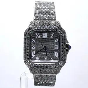 Trending Hip Hop Men Fashionable Iced Out Moissanite Black Diamond Luxurious Square Mechanical Watch At Wholesale Price