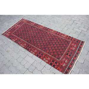Vintage Turkish <b>Rug</b> 2.8x6.4 ft (86x195 cm), Red Black Floral <b>Rug</b> - Product Image 2