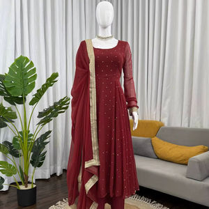 Robe longue Anarkali de style indien traditionnel en georgette avec dentelle, avec dupatta de créateur et manches longues pour femmes - Product Image 1