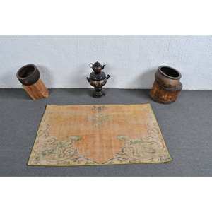 Tapis turc vintage 2.6 x 4.1ft Orange vert Patchwork laine grande surface Latex support Rectangle abstrait pour tapis de chambre de couloir - Product Image 3