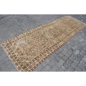 Turkish Vintage Rug, Runner 3.37x9.3 ft (103x283 cm) Rug, <b>Brown</b> Striped <b>Wool</b> Rug - Product Image 3