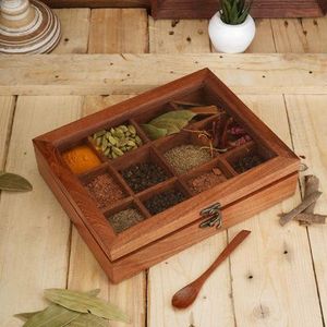 HUMIDITÉ BOIS NATUREL Boîte à épices de table en bois de qualité supérieure imprimée pour la maison avec compartiments séparés pour les épices et les fruits secs - Product Image 5