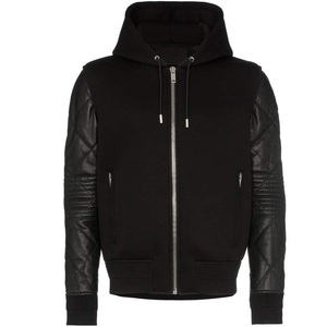 High Quality 100% Cotton <b>Black</b> French Terry <b>Hoodie</b> with <b>Zipper</b> Customized Leather Sleeve Eco-Friendly Outdoor Workout Winter - Product Image 1