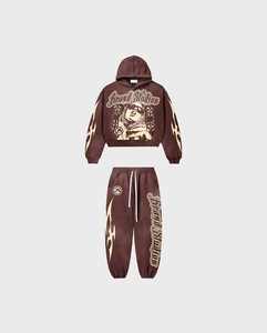 Fabricantes de algodón estampado gráfico pulóver con capucha y pantalones de chándal Sun Faded ácido lavado pesado chándal con cordón - Product Image 2