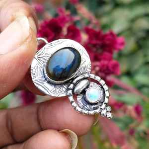 Collier pendentif fait main en argent sterling 925 avec serti clos, labradorite et pierre de lune, plaqué or vintage, unisexe, pour fiançailles ou troisième anniversaire - Product Image 4