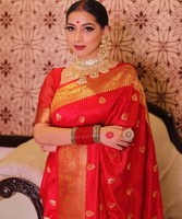 SAREE BANARASI BIOLOGIQUE EN SOIE MORDEN LICHI AVEC CHEMISIER NON COUDU VÊTEMENT FESTIF PRIX DE GROS VÊTEMENT ETHNIQUE SAREE ROUGE INDIEN