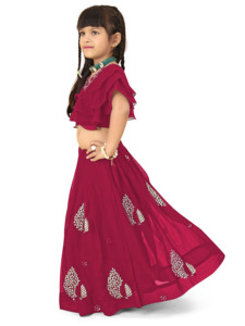 Shoryam Fashion Lehenga Choli brodé en georgette pour enfants, style ethnique, pour les fêtes |   Haut à manches à volants superposés, imprimé feuille d'or, tenues pour filles - Product Image 3