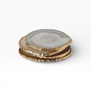 Modern Natural Cream and Honey Agate Stone <b>Coasters</b> with <b>Gold</b> Finish for Elegant Dining Tables - Product Image 1