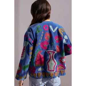 Chaqueta Corta Acolchada de Algodón Ecológico Bordada a Mano con Diseño Floral Bohemio Colorido para Mujer, Estilo Suzani Azul, Otoño Invierno - Product Image 5