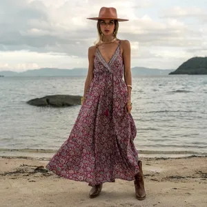 Strappy Bohemian Floral Print Long Dress Natural Material Boho Vegetable Dye Alter Dress Cotton Maxi Dress For Woman ladies