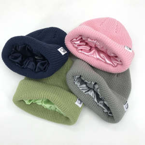 Acrylic Woven Patch Logo Skull Cap Wholesale Unisex Knit <b>Satin</b> <b>Lined</b> <b>Beanie</b> Hat Custom Logo - Product Image 1