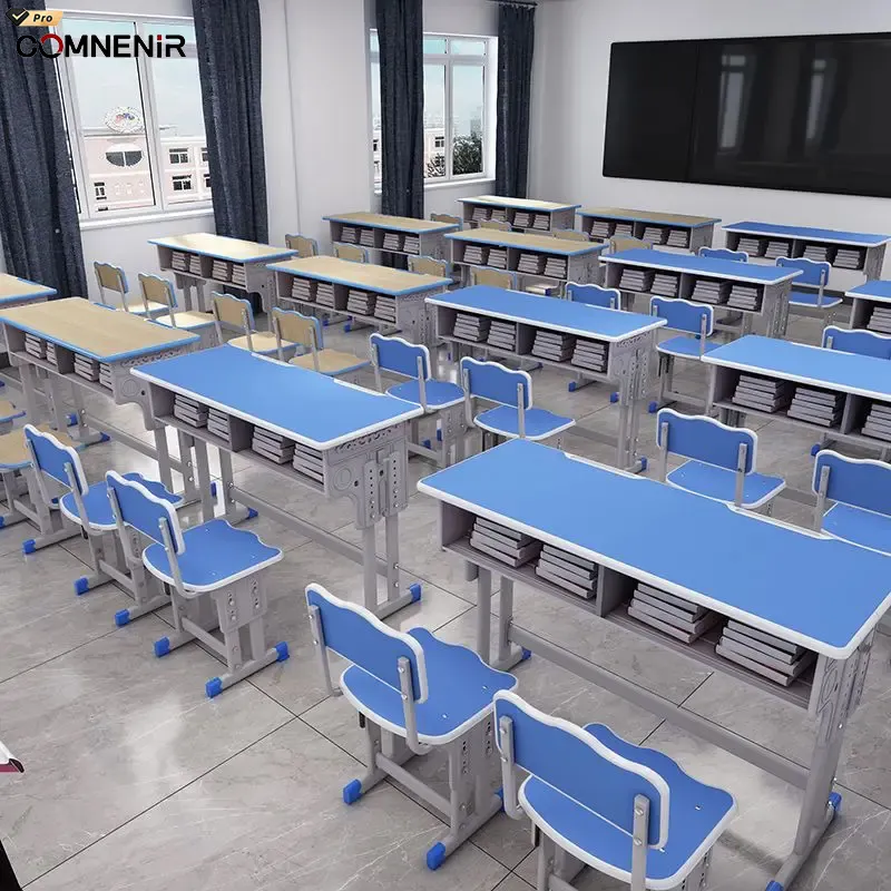 Meja Siswa Sekolah Dasar Ruang Kelas Stem Meja Tempat Duduk Ganda dan Kursi Sekolah Kelas Kayu untuk Belajar Meja Sekolah