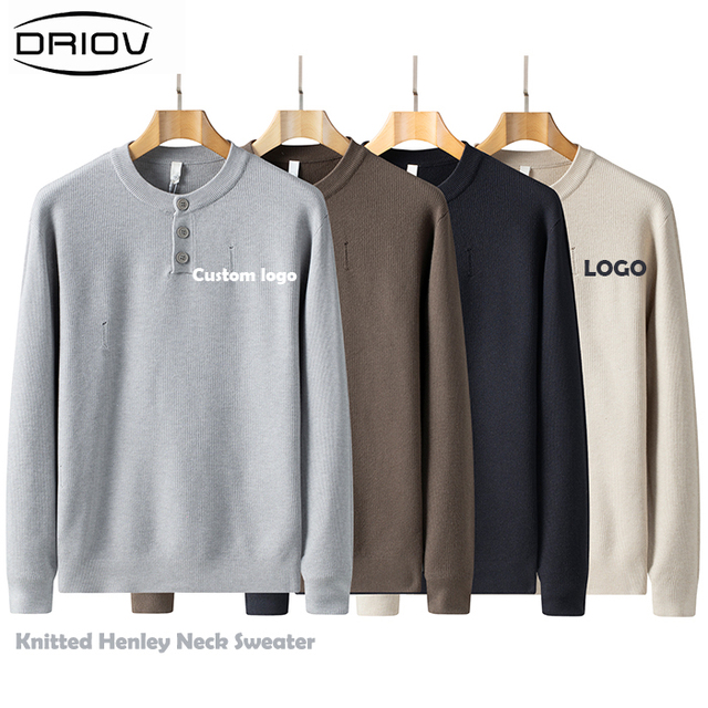 Custom Logo Knitted Henley Neck Sweater Men 3 Button Placket Pullover Smart Casual Knitted Shirt