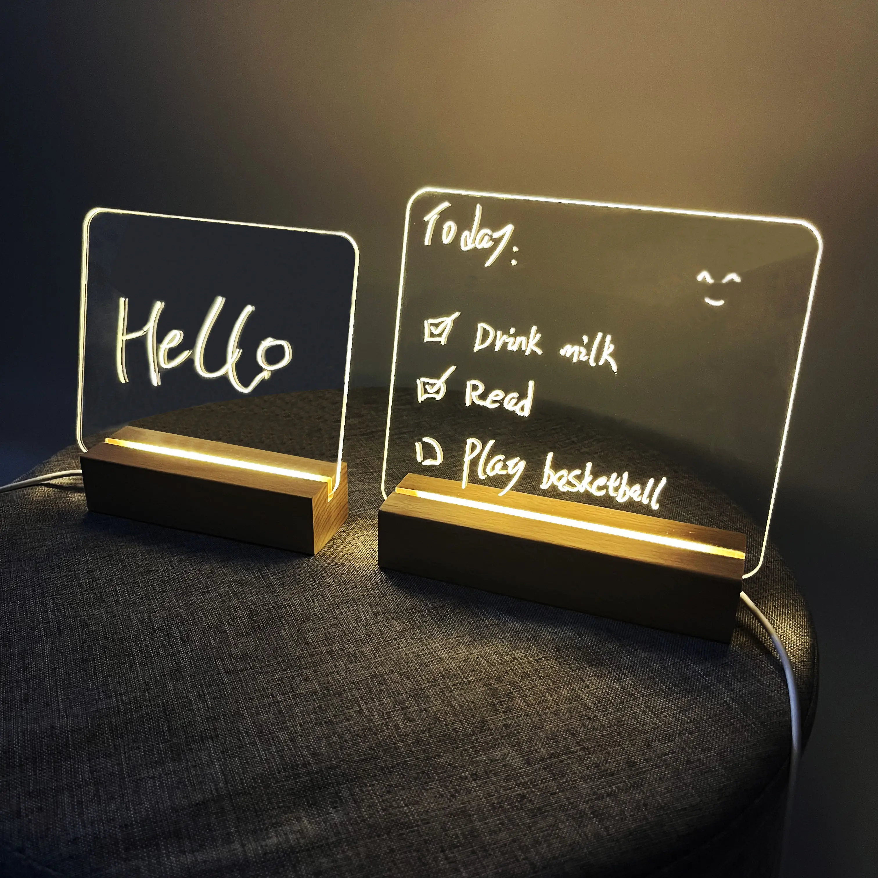 Panneau de Message transparent effaçable en acrylique avec Base en bois, éclairé par Led USB