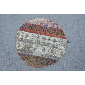 Vintage Turkish Rug 3.1 X 3.1ft Orange Beige Classic Large Area Woolen Patchwork Design Rectangle Hallway Style Latex for Rooms - Product Image 3