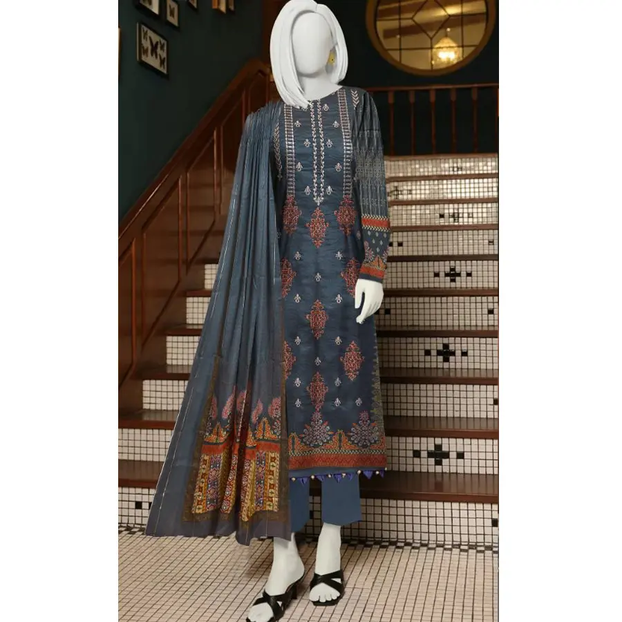 Wholesale Indian Pakistani Style lawn 3 pcs suit for women in Navy Color Over Front Full Embroidery With Dyed Cambric Trouser