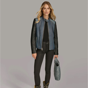 Veste universitaire pour femmes en cuir d'agneau véritable de haute qualité, couleur jean bleu, respirante et finie - Product Image 2