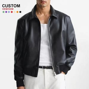 Chaqueta de cuero para hombre Diseño personalizado Turn Down Collar Double Puller Negro PU Chaqueta de cuero para hombres OEM - Product Image 1