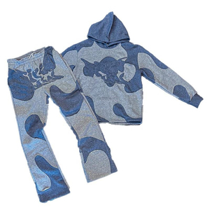 Custom High Quality Acid Wash 100% Cotton Streetwear Distressed Embroidered Patch Tracksuits Pullover Hoodie and <b>Sweatpants</b> <b>Set</b> - Product Image 6