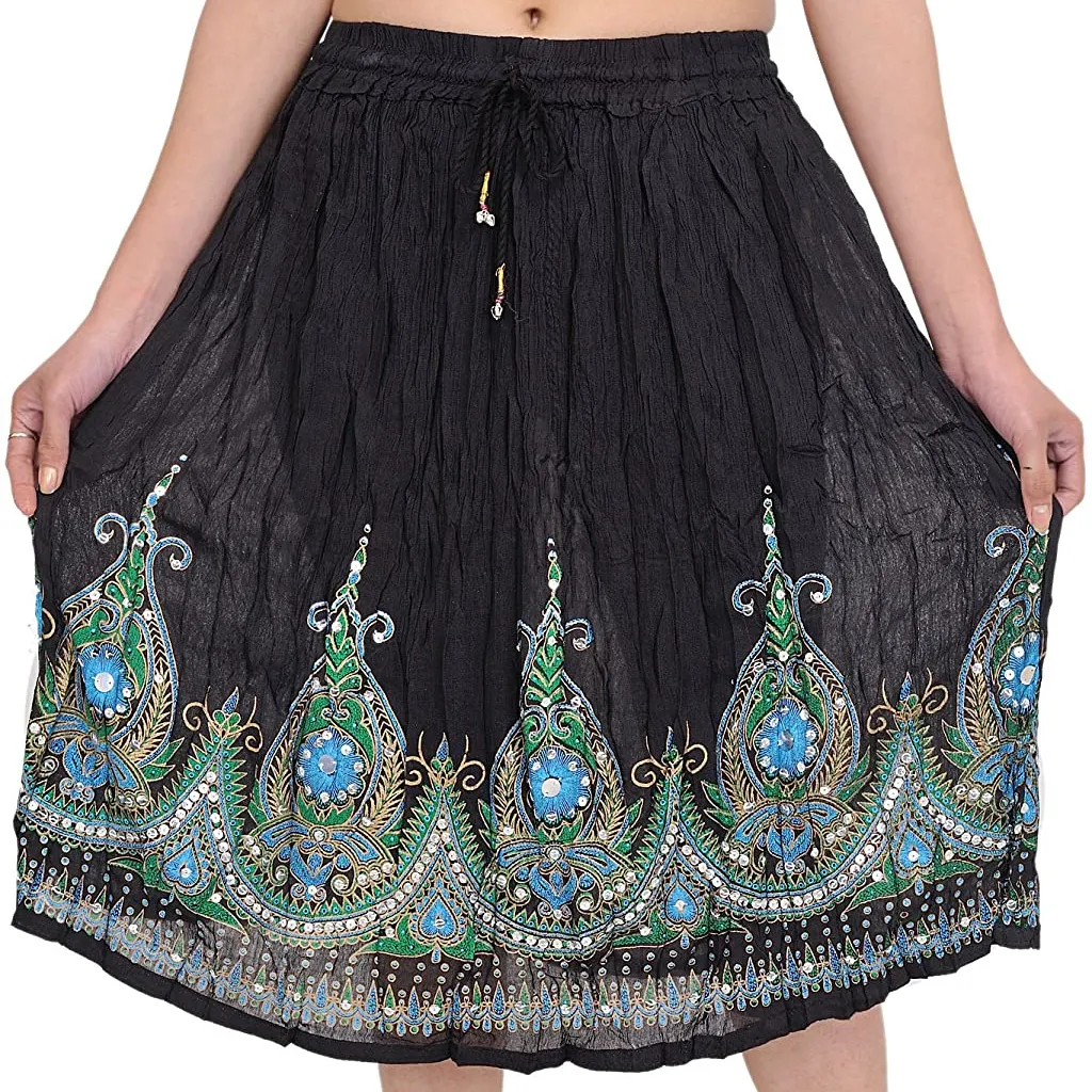 Rayon Embroidered Sequin Work Elastic Waist Designer Short Skirt wrap Boho Hippie Casual Sequin Work short Embroidered Skirts