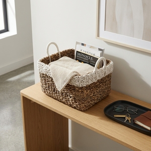 Natural Banana Bark Recycled Plastic Storage <b>Basket</b> Set White Rim <b>Rectangular</b> Arch Handle Shelf Box Setup Decor Pure Art Design - Product Image 6