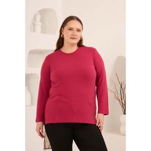 Suéter de Punto con Cuello Redondo y Abertura Lateral para Mujer, Talla Grande, Color Fucsia, Manga Larga, para Otoño e Invierno, Marca RMG - Product Image 4