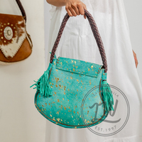 Bolso con flecos de cuero de vaca de bronce LW piedra turquesa adornado país occidental vaquera estilo gitano bolso