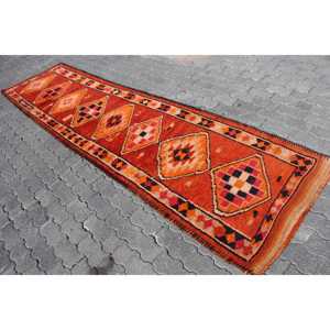 Vintage Turkish <b>Rug</b>, <b>Runner</b> 3x12.1 ft (91x370 cm) <b>Rug</b>, Orange Moroccan Wool <b>Rug</b> - Product Image 2