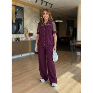 Conjunto de Dos Piezas de Chaqueta y Pantalón Modal con Detalles de Malla y Botones, Modelo Kadin Kisa Kollu Yakali Onu, 37679 - Bordo - Product Image 4