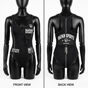 Maillot de bain une pièce noir en nylon spandex 220 GSM durable avec fermeture éclair et logo personnalisé par transfert thermique pour femme - Product Image 6