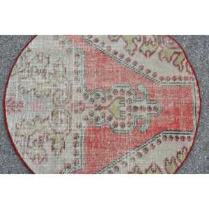 Vintage Turkish Rug 2.7 X 2.7ft <b>Red</b> Beige Wool Large Area Patchwork Design for Hallway Bedroom Rectangle <b>Latex</b> Bedside Room - Product Image 5