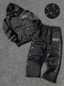 Ensemble de survêtement décontracté Streetrush unisexe, sweat-shirt à capuche et pantalon de survêtement léger imprimé avec des strass, fermeture éclair sur le devant - Product Image 2