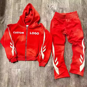 Sudaderas con capucha desgastadas y cremallera completa, pantalones de chándal apilados acampanados, conjunto de chándal de dos piezas, chándal Unisex de algodón lavado ácido personalizado para hombres - Product Image 2