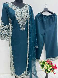Costume Salwar bleu sarcelle de Style Bollywood de haute qualité pour femmes fait à la main en tissu de soie avec travail de séquence chinoise pour les fêtes - Product Image 3