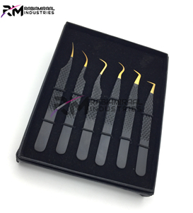 Eyelash Extension Tweezers Set Gold Plasma Tip And Black Powder Coated Color tweezer Diamond Grip And Card Box packing - Product Image 6