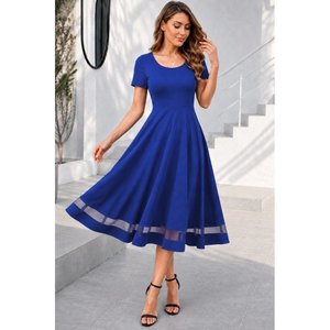 Vestido midi de crepé brillante con cuello redondo y manga corta para mujer, con detalles de tul, 34683 - Azul - Product Image 2