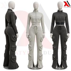 Ensemble 2 pièces pour femme ATYPE INDUSTRY, très demandé, avec crop top à capuche et pantalon cargo à fermeture éclair, couleur unie, tenue de sport décontractée - Product Image 1