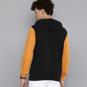Mens Black And <b>Orange</b> Contrast Pullover <b>Hoodie</b> With Kangaroo Pocket Adjustable Drawstring Soft Cotton Blended Fleece - Product Image 2