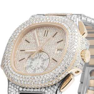 Montre de luxe en acier inoxydable et cuir, entièrement sertie de diamants en moissanite, cadran rond, style hip-hop, pour hommes et femmes, Inde - Product Image 4
